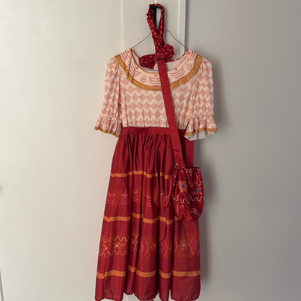 Encanto Dolores costume. Red dress with purse, earrings, headband. Size 11-12